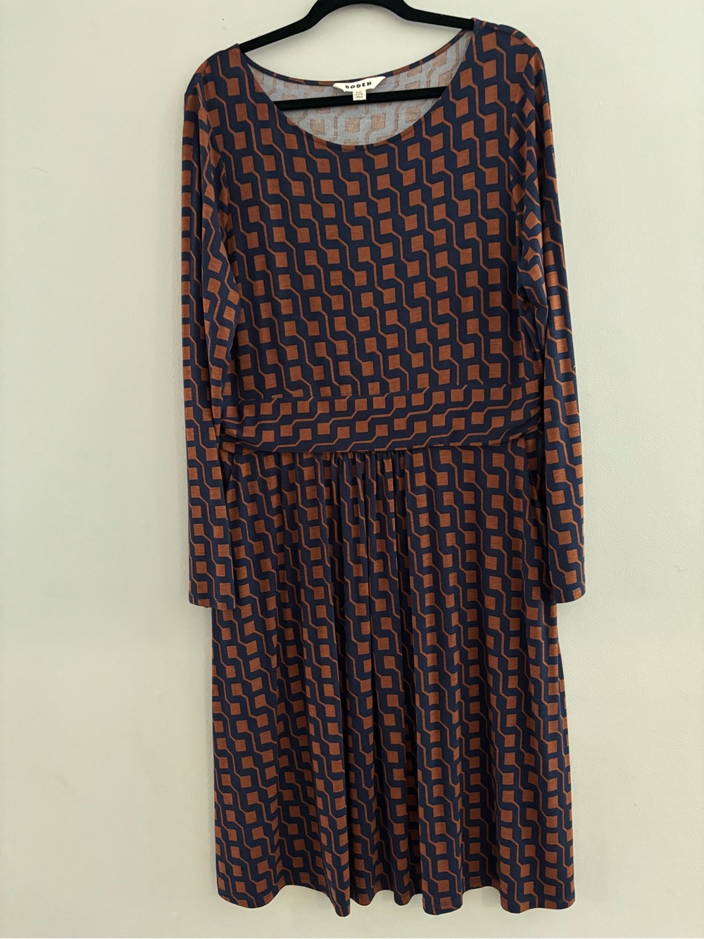 Boden Abigail Long Sleeve Jersey Dress Cognac Cube Geo Navy Size 16 Long Tall